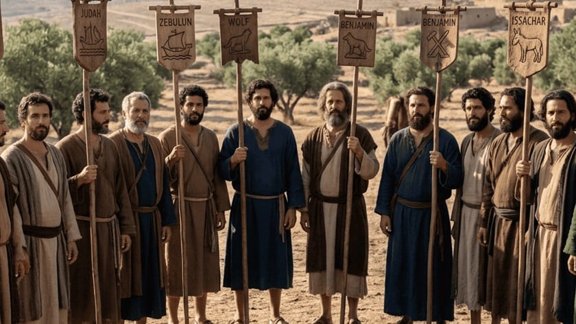 Homens de túnicas antigas seguram estandartes de madeira em colina com oliveiras: "JUDAH"