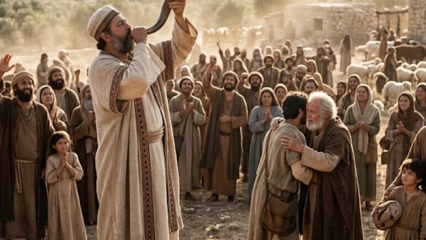 Homem de barba sopra um shofar sobre uma pedra, diante de uma multidão em colina.