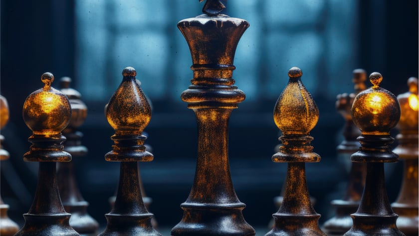 Rei de xadrez preto entre bispos e peões escuros sobre um tabuleiro, diante de uma janela.