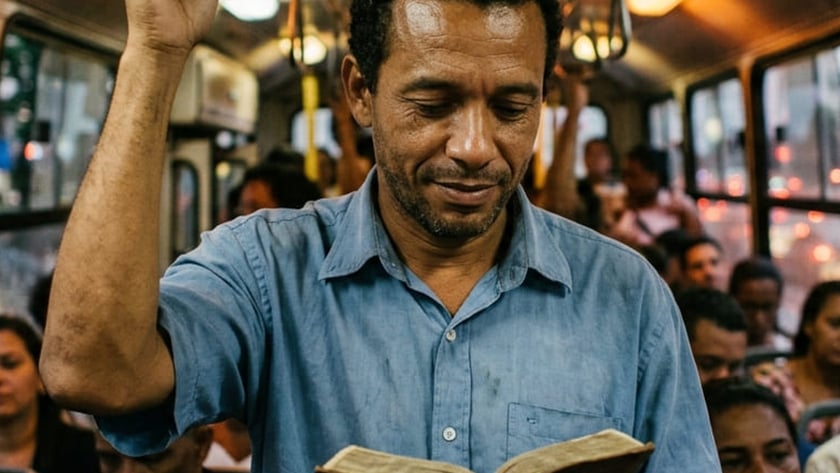 Homem de camisa azul lê um livro em pé dentro de um ônibus com passageiros sentados.