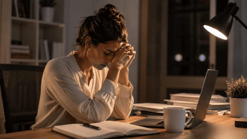 Mulher sentada à mesa, com as mãos unidas na testa, ao lado de notebook e papéis.
