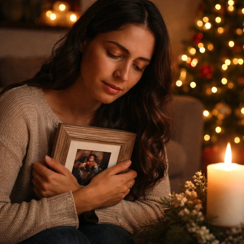 Mulher de cabelo escuro abraça um porta-retrato ao lado de uma vela e uma árvore de Natal.
