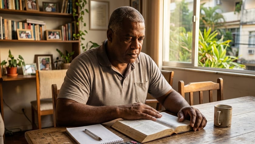Homem de camisa polo lê uma Bíblia numa mesa de madeira, com calculadora e caderno.