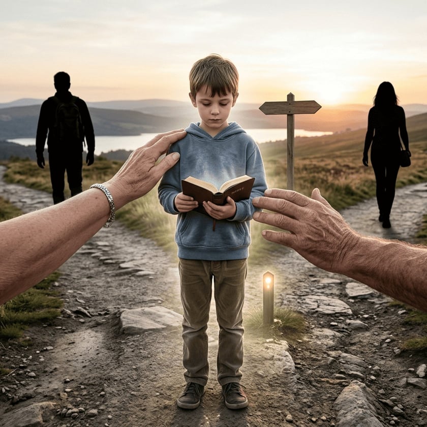 Menino segura um livro entre duas mãos adultas, numa bifurcação ao pôr do sol.
