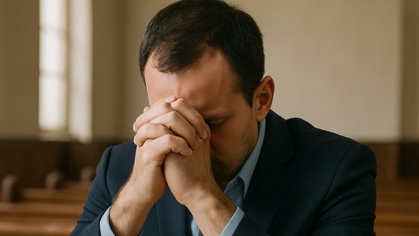 Homem de terno azul-marinho ora com as mãos unidas diante do rosto, sobre uma Bíblia aberta.