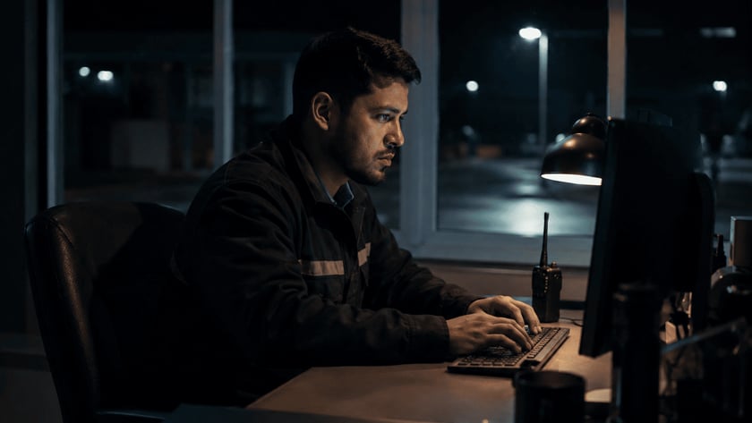 Homem de jaqueta digita no computador, em uma mesa ao lado de um rádio, à noite.