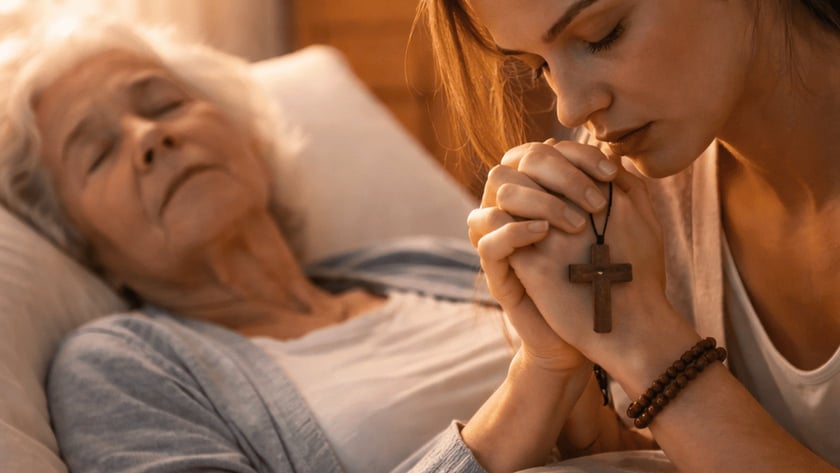 Jovem reza com um crucifixo ao lado de uma idosa deitada na cama.