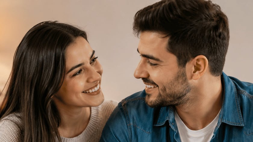 Casal sorri um para o outro no sofá, com um livro aberto no colo.