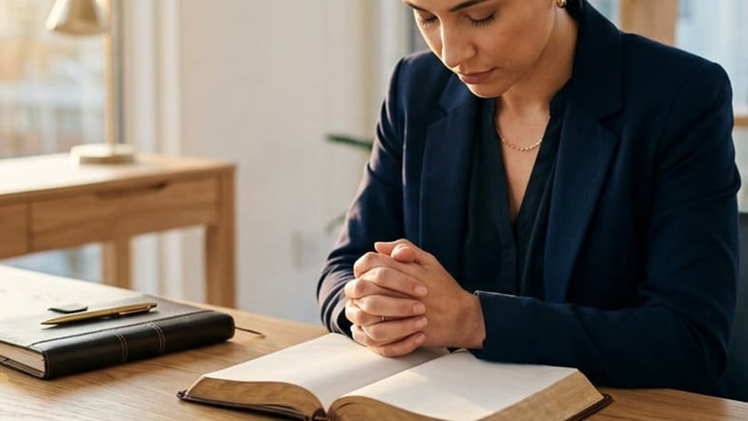 Mulher de blazer azul-marinho, de olhos fechados e mãos postas, sentada diante de uma Bíblia aberta.