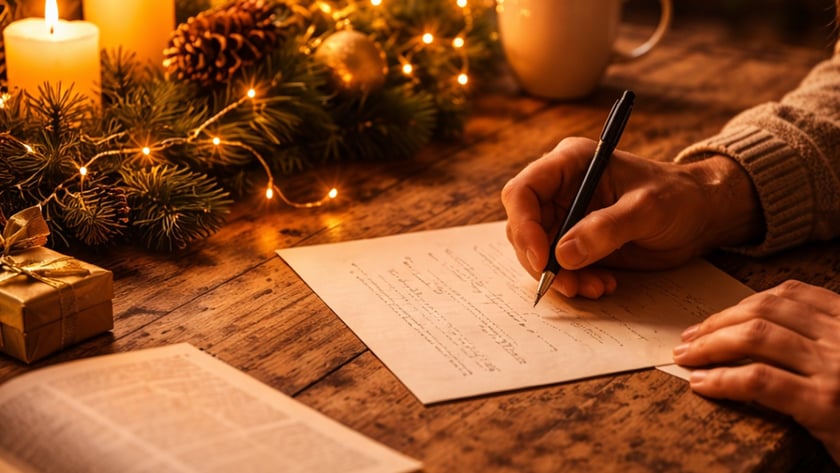 Pessoa escreve uma carta à mão numa mesa de madeira com velas, galhos de pinheiro e xícara.