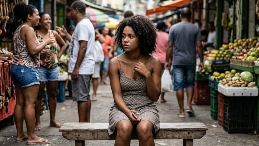 Jovem de cabelo cacheado senta num banco em rua movimentada de mercado, olhando para o lado.