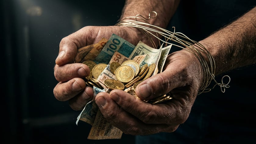 Mãos calejadas seguram cédulas e moedas douradas, com fios metálicos enrolados nos pulsos.
