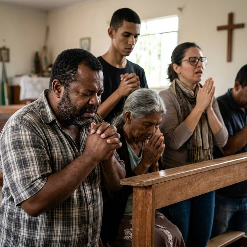 Cinco pessoas rezam de mãos postas em uma capela com cruz de madeira na parede.
