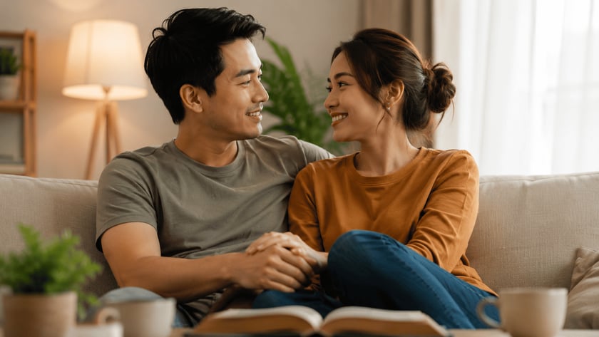 Casal sentado no sofá, de mãos dadas, olhando um para o outro e sorrindo.