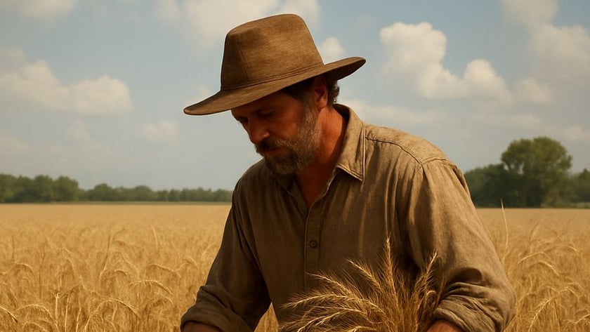 Homem de chapéu e barba colhe trigo com uma foice em um campo dourado.