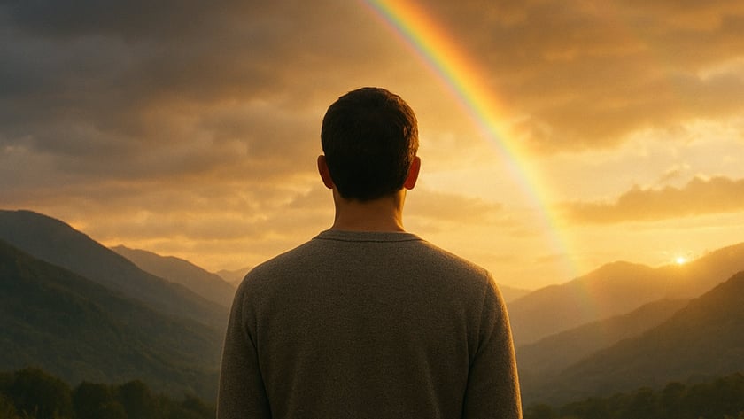Homem de costas, com suéter cinza, observa um arco-íris sobre montanhas ao entardecer.
