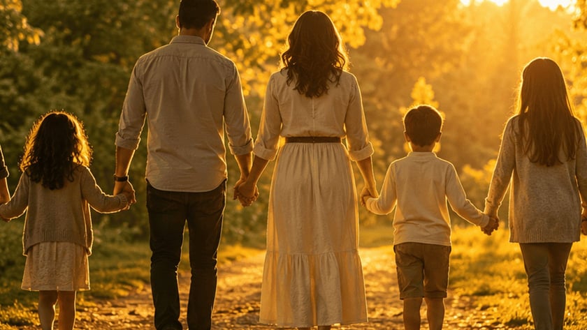 Família de costas, de mãos dadas, caminha por uma trilha de terra entre árvores.