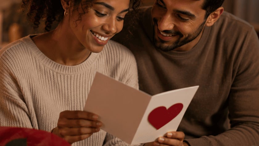 Mulher sorridente lê um cartão com coração vermelho ao lado de um homem, perto de rosas.