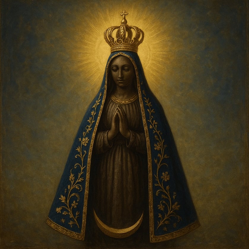 Figura feminina coroada, de mãos postas, com manto azul bordado em dourado sobre uma lua crescente.
