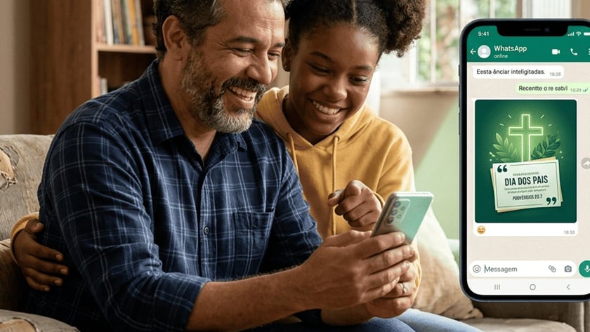 Homem e menina sorriem olhando um celular; na tela, mensagem "Dia dos Pais".