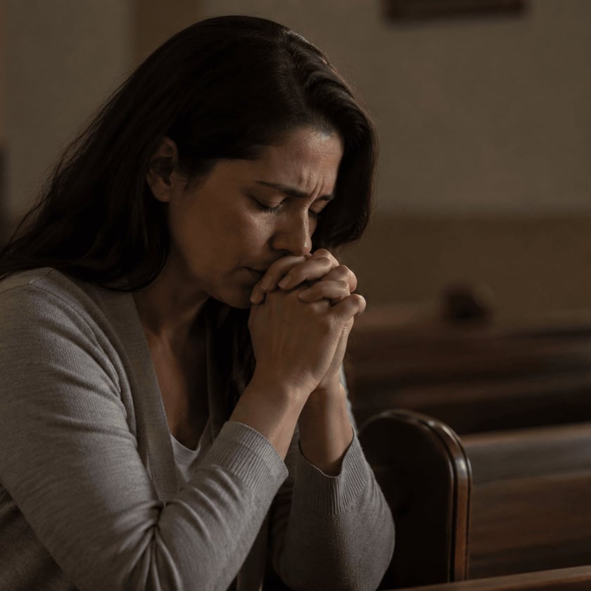 Mulher de mãos unidas junto ao rosto, sentada em um banco de igreja.