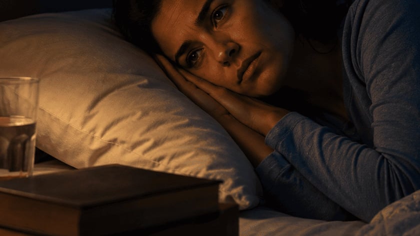 Mulher deitada na cama, de olhos abertos, ao lado de abajur aceso, copo d'água e livro.