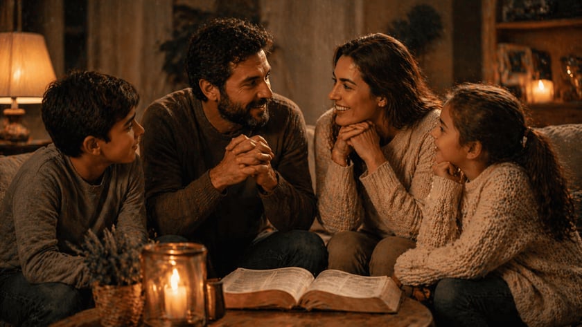Homem, mulher e menina sentados diante de uma Bíblia aberta e uma vela, conversando.