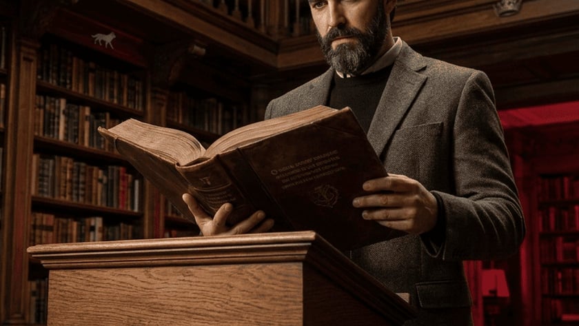 Homem barbudo de paletó de tweed lê um livro grande em um atril numa biblioteca.