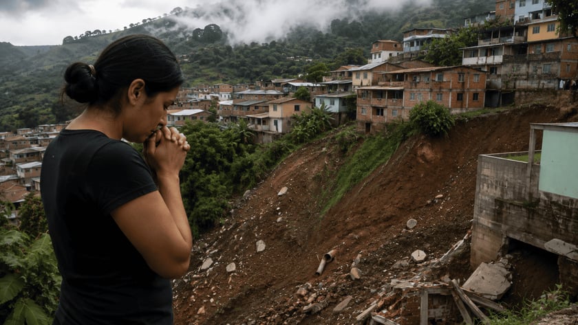 Mulher de preto, com as mãos junto ao rosto, olha um deslizamento de terra perto de casas.