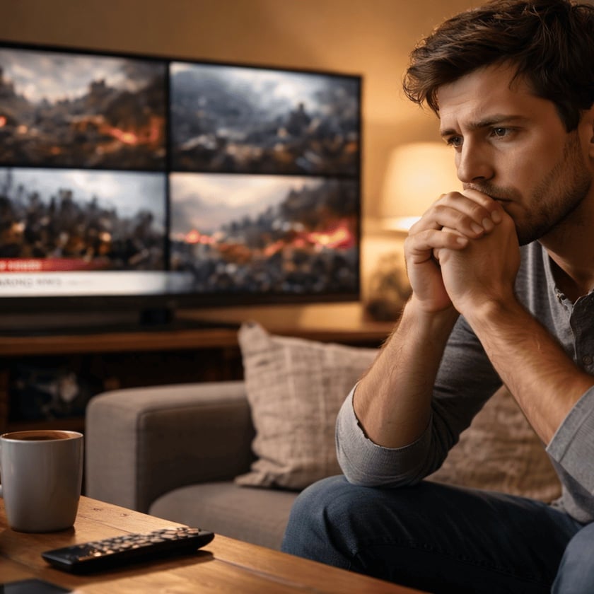 Homem sentado no sofá, com as mãos junto ao rosto, olha a televisão com imagens de destruição.
