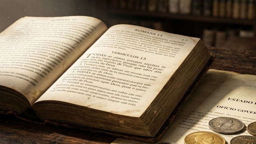 Livro antigo aberto em "Romans 13" sobre mesa de madeira, com uma moeda e um papel.
