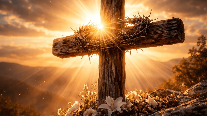 Cruz de madeira envelhecida com coroa de espinhos, cercada de flores brancas sobre pedras
