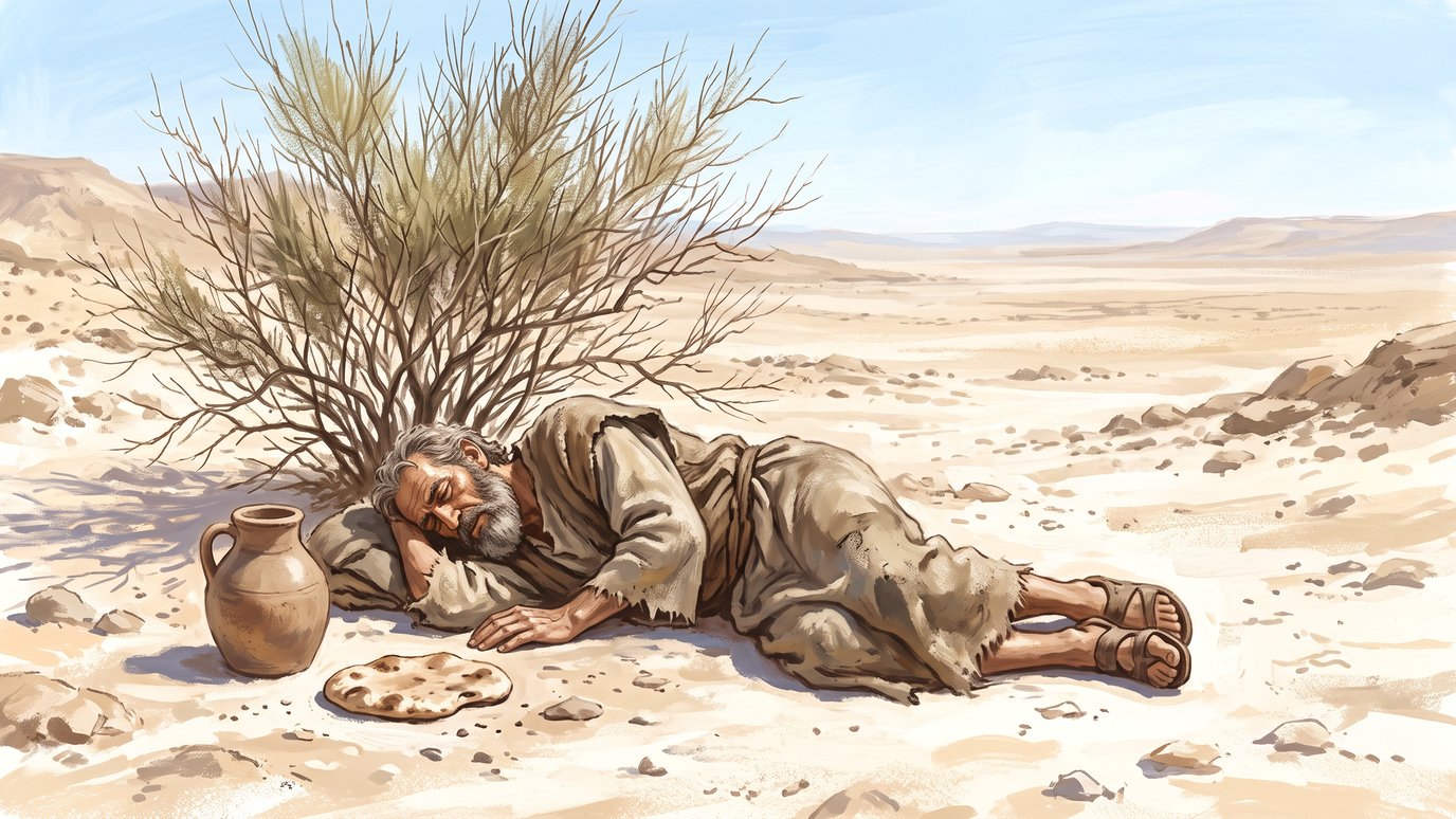 Homem de barba dorme no deserto sob um arbusto, com um jarro e um pão ao lado.