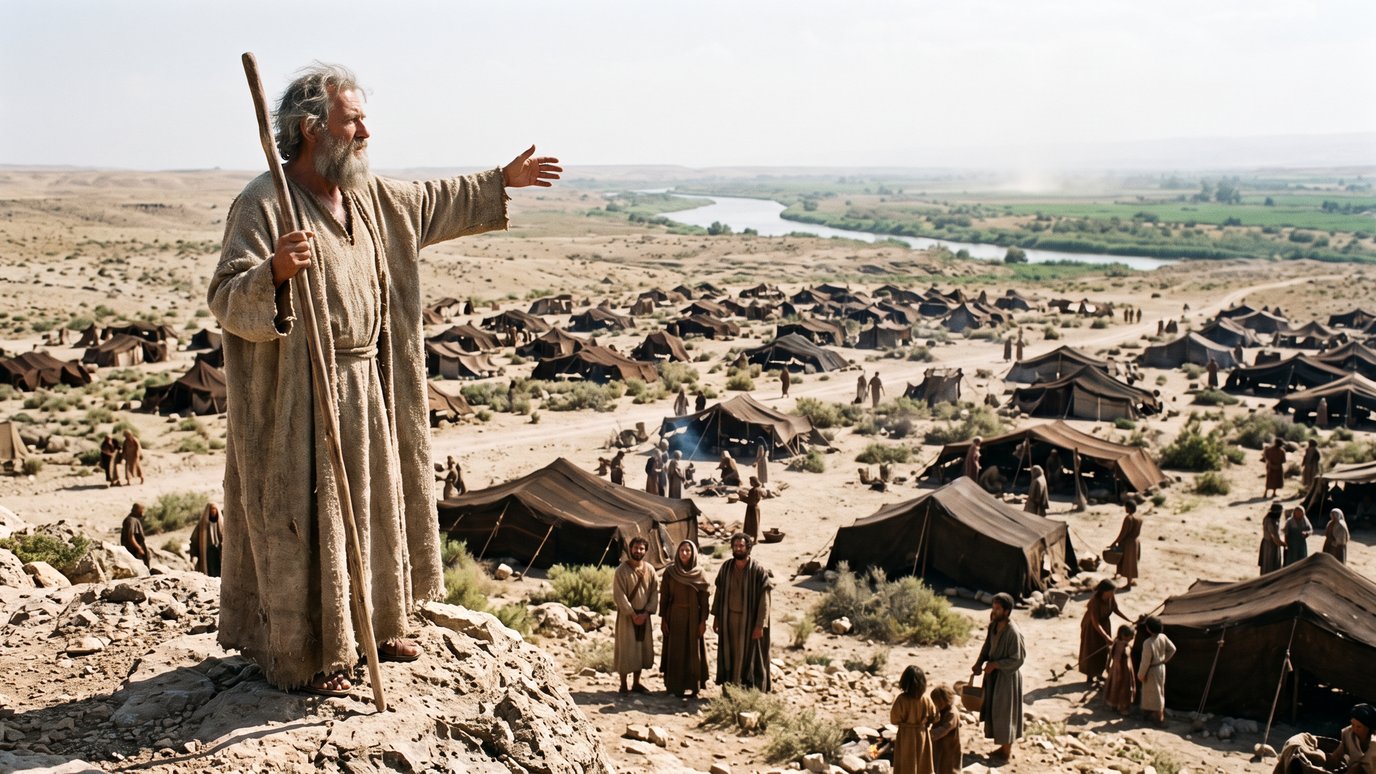 Homem idoso de cajado e túnica aponta de uma rocha para um acampamento de tendas no deserto.