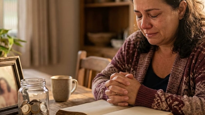 Mulher de cardigã chora com as mãos unidas sobre uma Bíblia aberta na mesa.