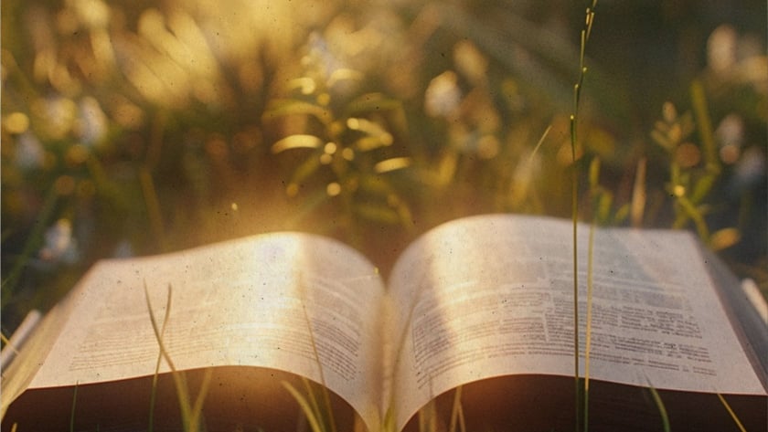 Livro aberto sobre a grama, entre pequenas flores brancas em um campo.