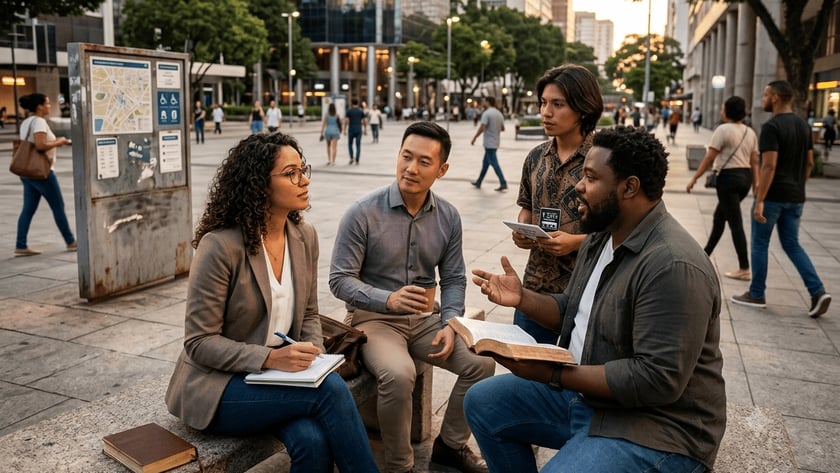 Quatro pessoas conversam numa praça urbana; um homem lê a Bíblia e uma mulher anota.