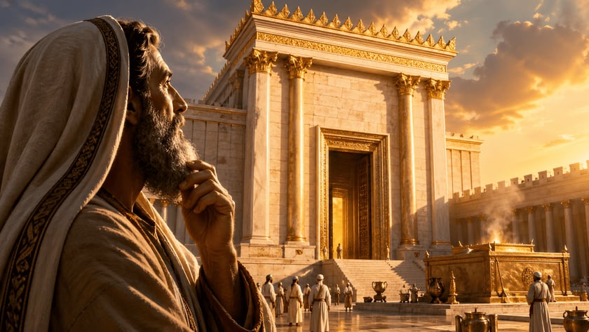 Homem barbudo de perfil observa um grande templo de mármore e ouro, com sacerdotes no pátio.