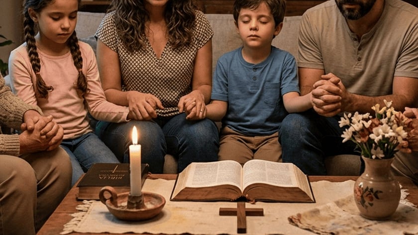 Família de mãos dadas e olhos fechados, rezando no sofá diante de uma Bíblia aberta.