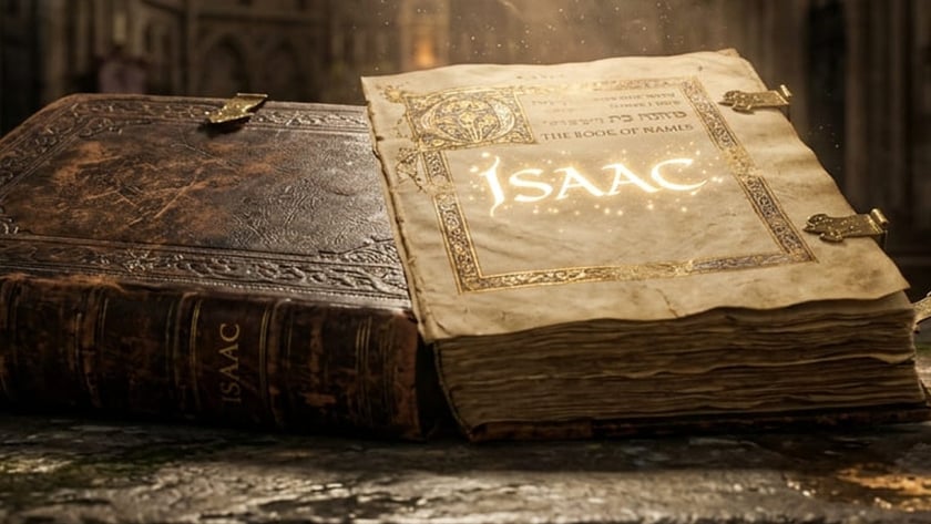 Livro antigo aberto sobre pedra numa catedral, com "ISAAC" brilhando na página e "THE BOOK OF