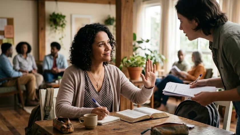 Mulher sentada à mesa com Bíblia e caderno ergue a mão para outra pessoa com papéis.