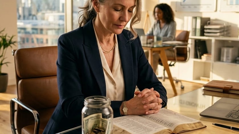 Mulher de blazer com as mãos unidas diante de uma Bíblia aberta e um pote de moedas, em escritório.
