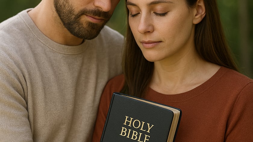 Homem e mulher de olhos fechados, encostando as testas, seguram uma Bíblia ao ar livre: "HOLY BIBLE"