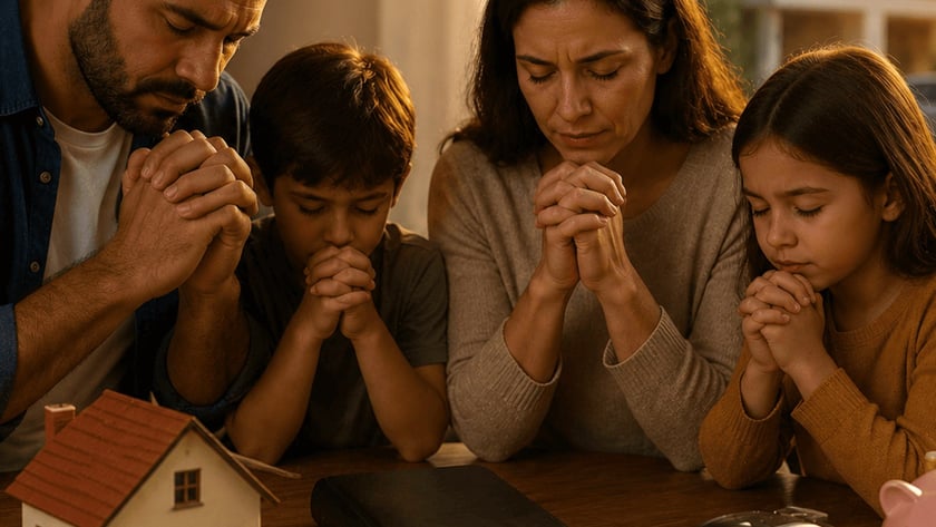 Família de quatro pessoas ora de mãos postas à mesa, com Bíblia, casa em miniatura e cofrinho.