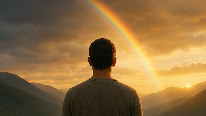 Homem de costas, com suéter cinza, observa um arco-íris sobre montanhas ao entardecer.