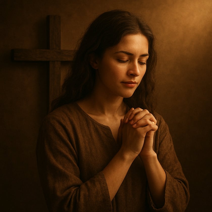 Mulher de cabelos longos e escuros, de olhos fechados e mãos postas, ao lado de uma cruz de madeira.