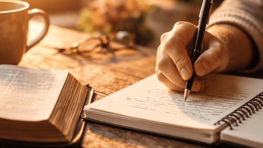 Mão segurando uma caneta escreve em caderno, ao lado de Bíblia aberta e xícara.