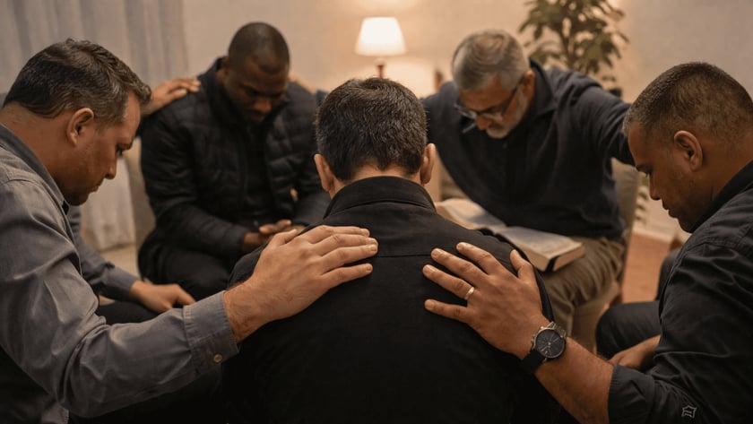 Homens de cabeça baixa oram em círculo, com as mãos nos ombros de um deles.