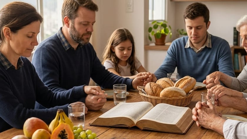 Família de mãos dadas e olhos fechados à mesa com pão, frutas e Bíblia.