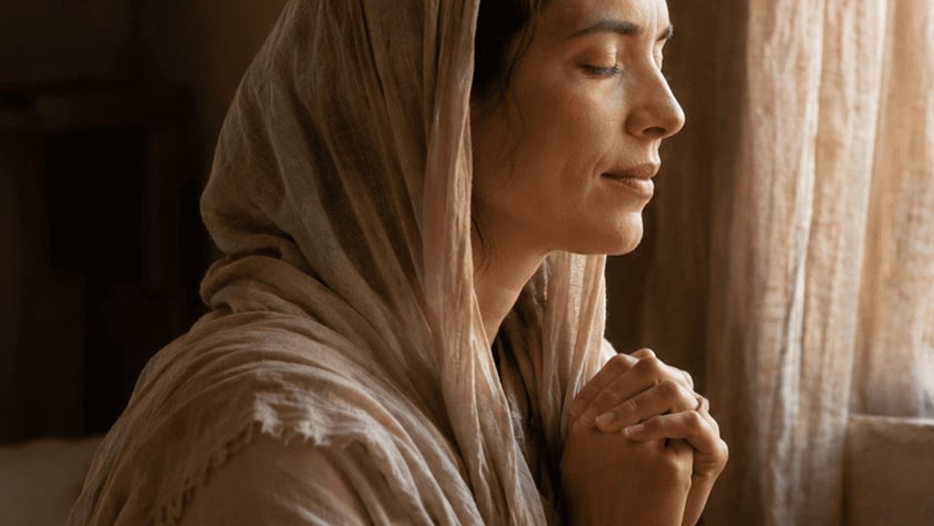 Mulher de manto claro na cabeça, com as mãos unidas e olhos fechados, ao lado de uma janela.